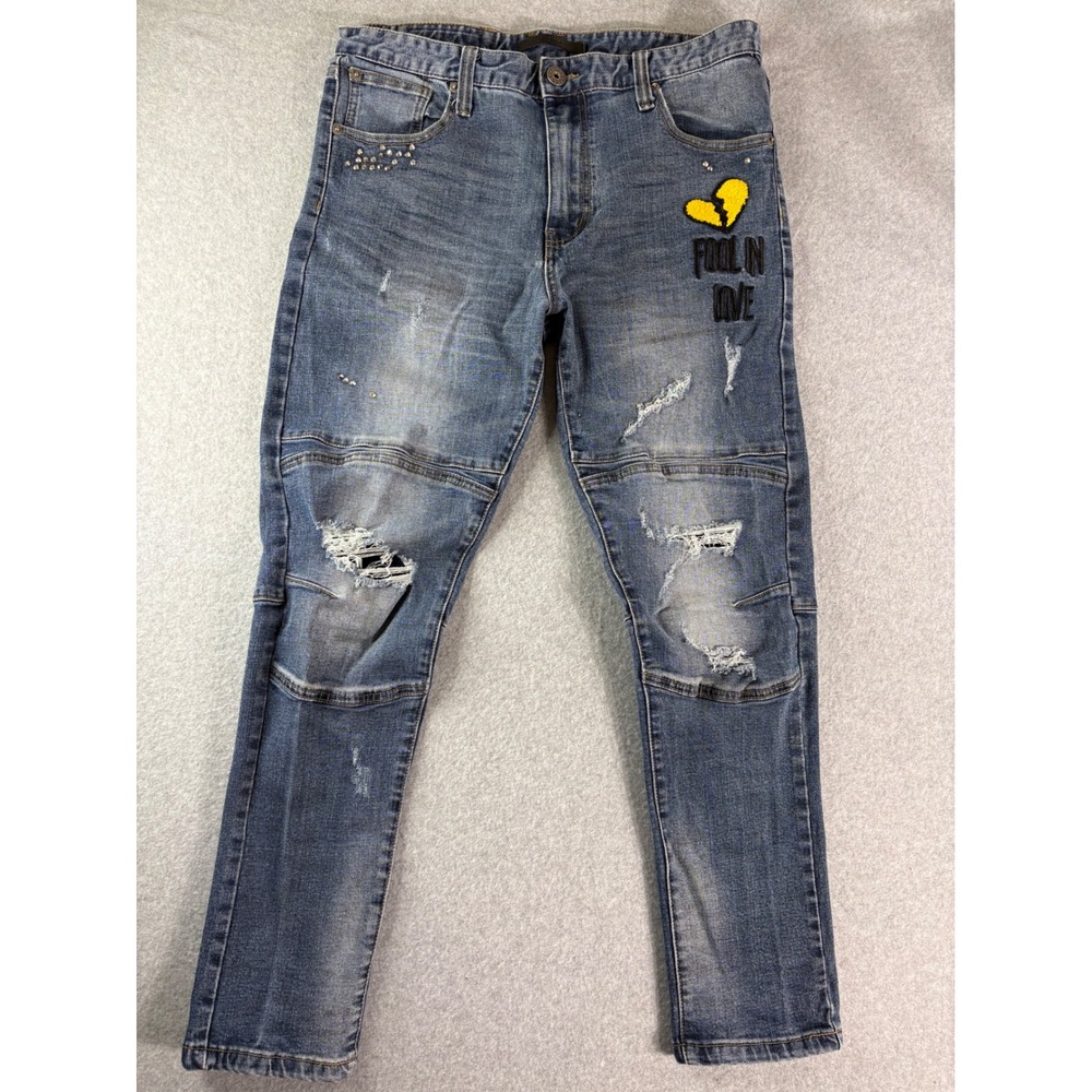 Kloud‎ 9 Mens Distressed Moto Jeans Blue Fool In Love Rhinestone Studded 36x30